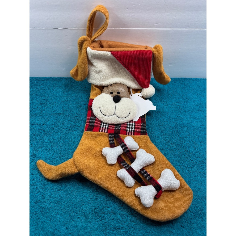 Plush Dog Christmas Stocking Puppy with 3D Bones and Plaid Collar Tan Red